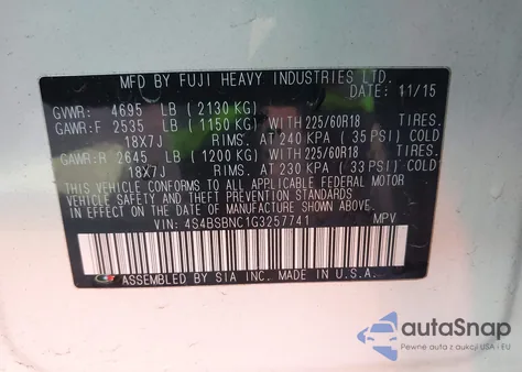 2016 Subaru Outback 2.5I Limited из США, поврежденный, VIN 4S4BSBNC1G3257741